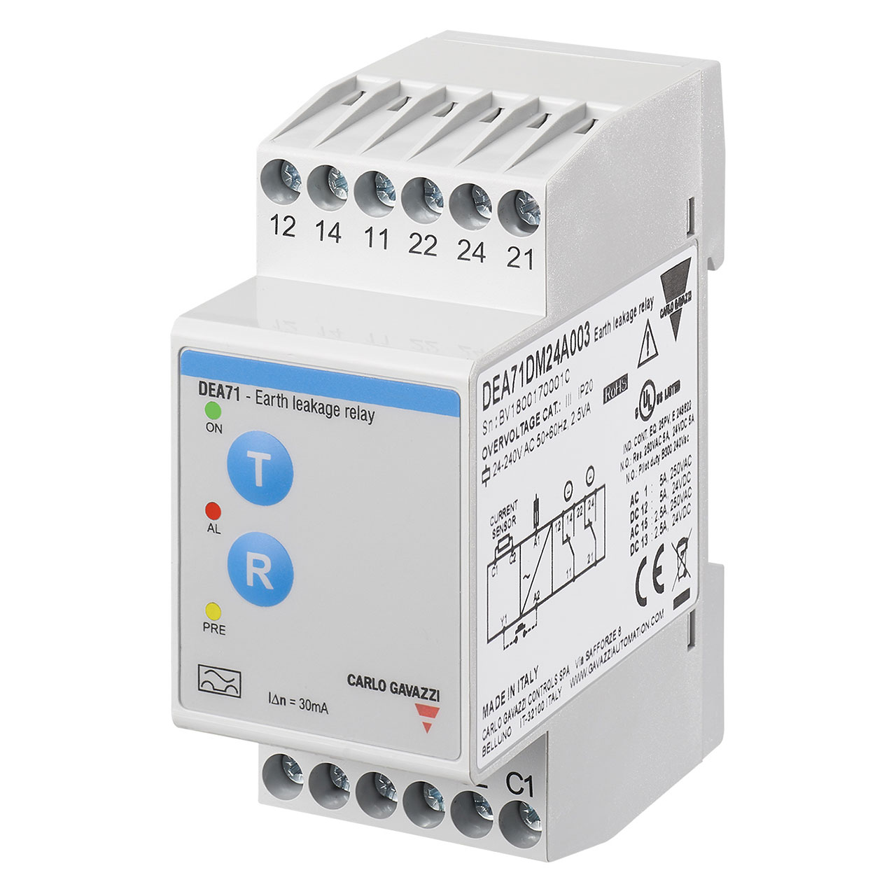 Modular Earth Leakage Monitoring Relay fixed setting 30mA no delay