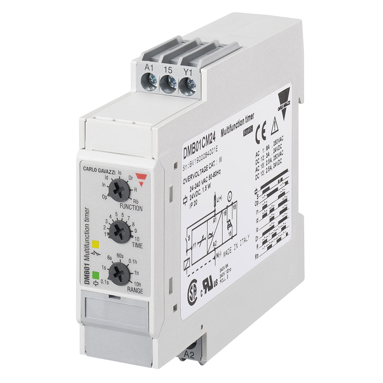 Multifunctions Timer DIN Rail Mount 22,5x80x99,5mm Euronorm housing knob selectable function selectable time ranges 0,1s - 100h Supply voltage 24-240Vac and 24Vdc Screw terminals connection 8A DPDT relay Output