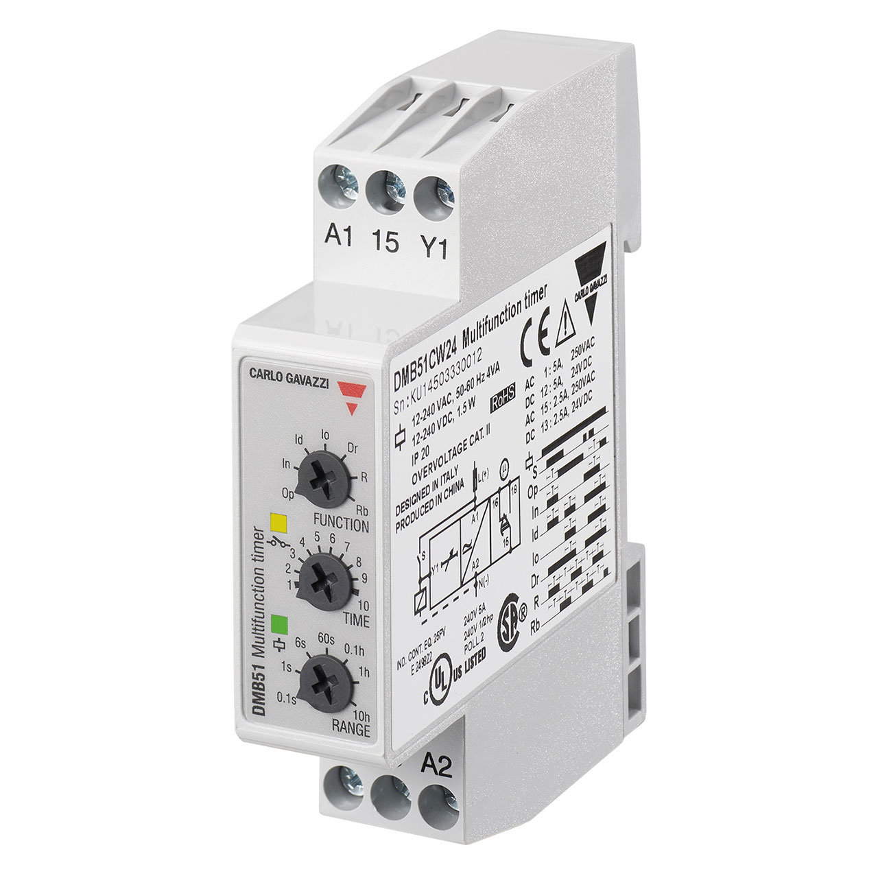 Multifunctions Timer DIN Rail Mount 17,5x81x67,2mm housing knob selectable function selectable time ranges 0,1s - 100h Supply voltage 24-240Vac and 24Vdc Screw terminals connection 5A SPDT relay Output