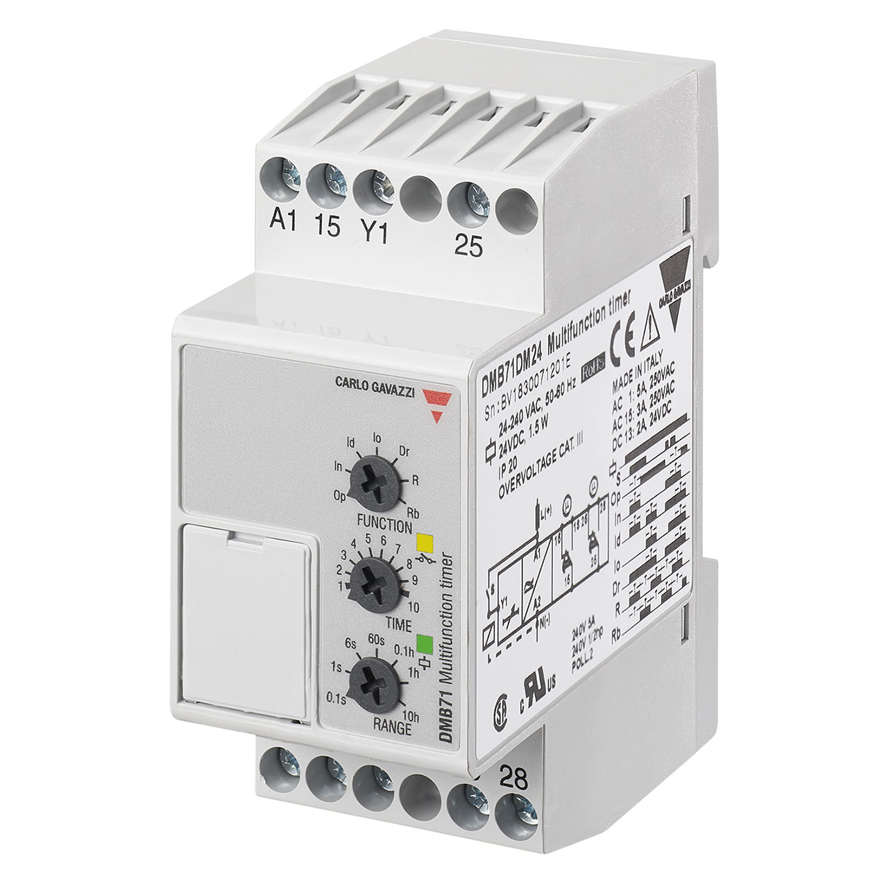 Multifunctions Timer DIN Rail Mount 35,5x81x67,2mm housing knob selectable function selectable time ranges 0,1s - 100h Supply voltage 24-240Vac and 24Vdc Screw terminals connection 5A DPDT relay Output