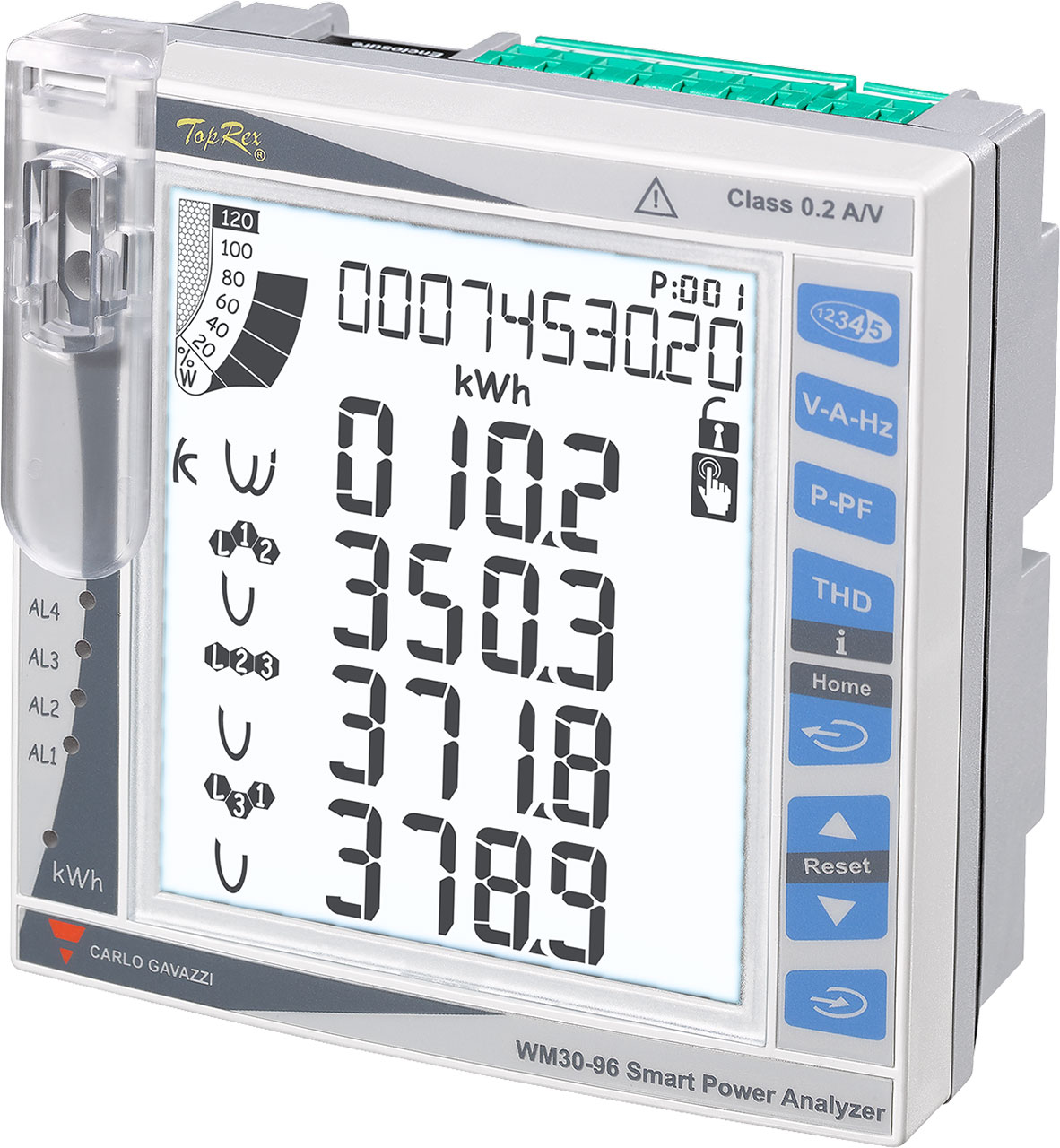 Modular three-Phase Power Analyzer Optional I/O and Communication modules (Modbus RTU Modbus TCP/IP BACnet Profibus Ethernet/IP) Optical Port auxiliary Power Supply 160 to 480 V L-N 277 to 830 V L-L CT Input: 5 (6) A