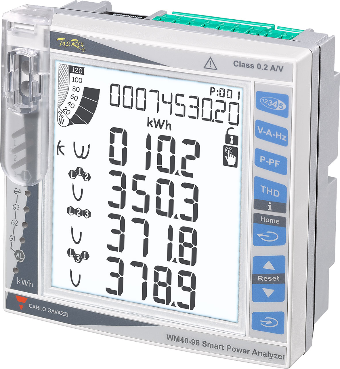 Modular three-Phase Power Analyzer Optional I/O Datalog and Communication modules (Modbus RTU Modbus TCP/IP BACnet Profibus Ethernet/IP) Optical Port auxiliary Power Supply 160 to 480 V L-N 277 to 830 V L-L CT Input: 5 (6) A