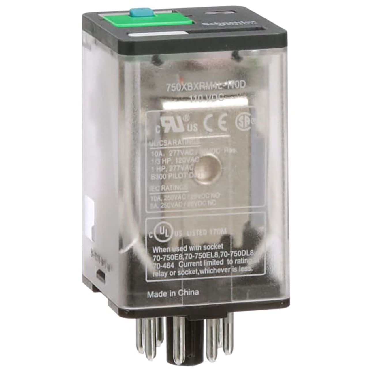 Power Relay Electromechanical General Purpose 110VDC 10A DPDT 250VAC Contact Rating 8 Pin Octal Plug-in LED Test Light 750 Series