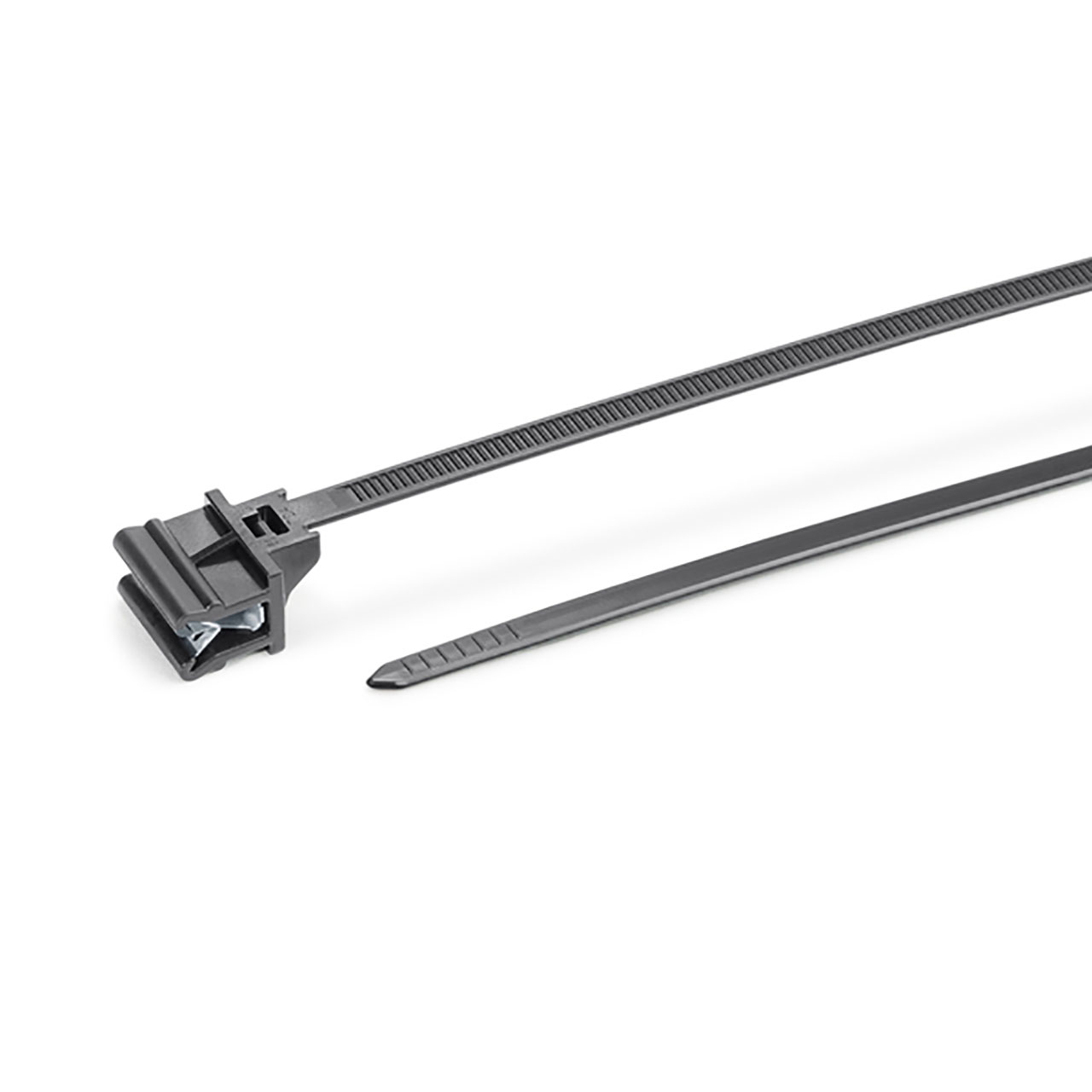 Cable Tie 1-Piece with Edge Clip, 8" Long, EC13, Panel Thickness 0.04 - 0.12", 50 lbs, PA66HS, Black, 500/bg