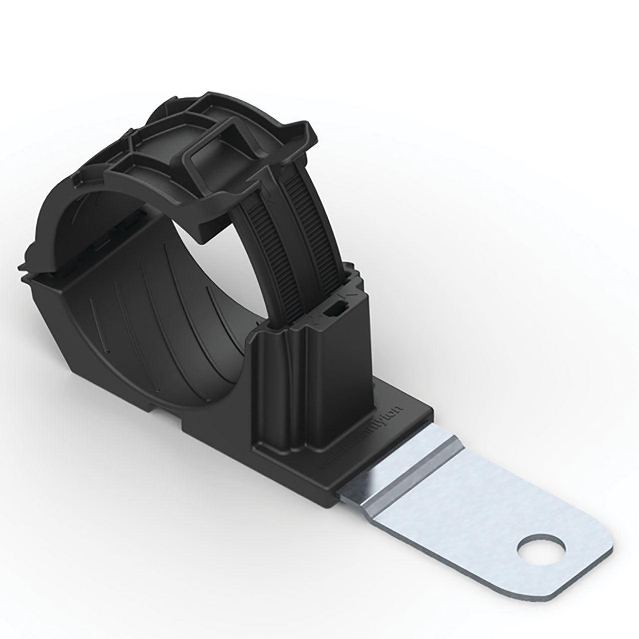 Ratchet P-Clamp, 1.38 - 2.01" Bundle Dia, 180° Med, 0.26" Hole Dia, PA66HIRHSUV/SS304, Black, 140/ctn