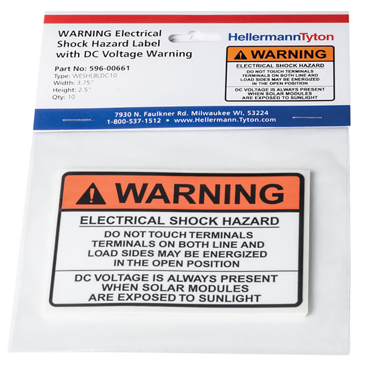 Solar Label, WARNING ELECTRICAL SHOCK…DC VOLTAGE, 3.75" x 2.5", VL, Orange, 10 per Package